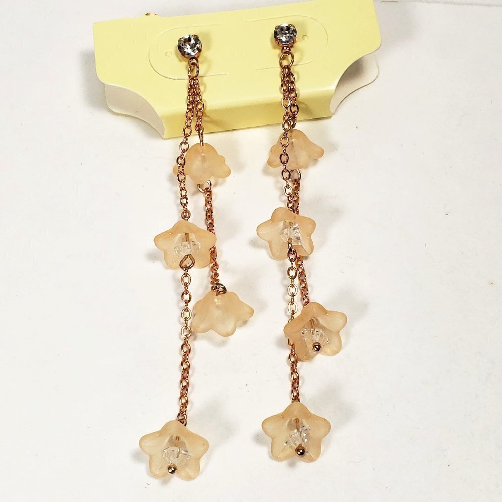 Rose Gold tone & Cream color Flower Crystal 3.5" Drop Dangle Earrings for Women - Picture 3 of 8